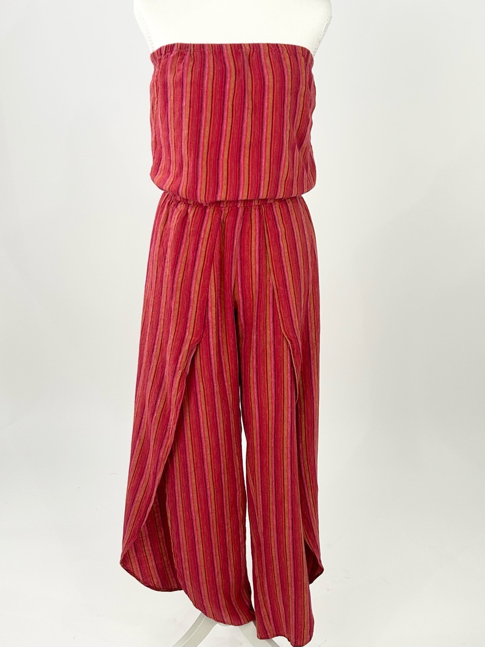 Drew Linen Blend Strapless Palazzo Jumpsuit Red Coral Resort Boho S